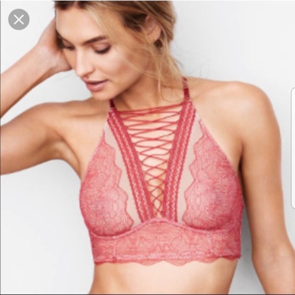 Victoria’s Secret Sexy lace up high neck bralette bra medium pink